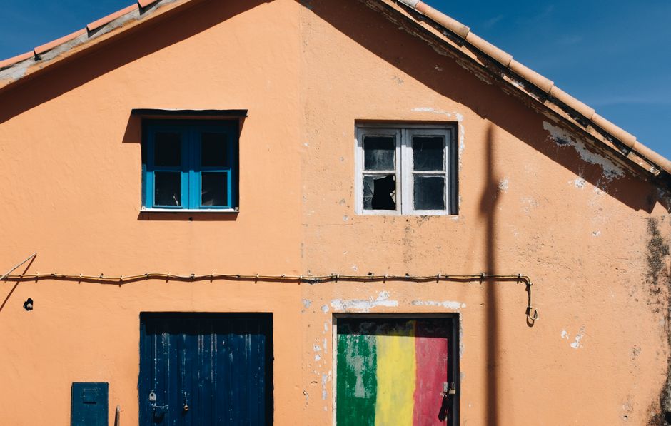 A run-down orange house facade with a colorful painted door and broken window under clear skies.
